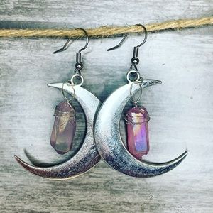 Pink luster quartz crescent moon earrings